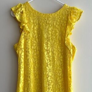 London Times Yellow Floral Sheath Dress, Crochet Lace Ruffle Dress, Size 10